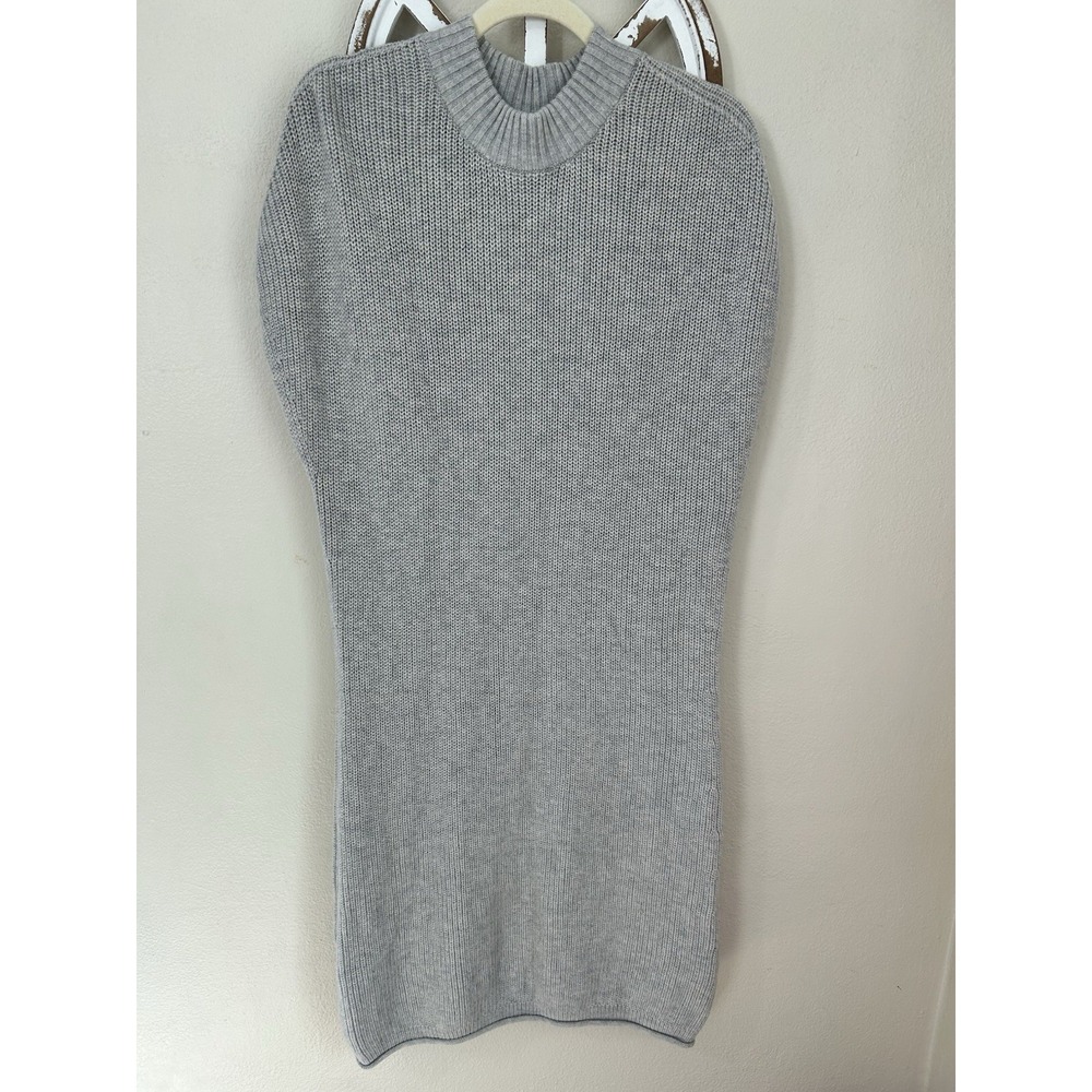Athleta LARGE Gray 100% Merino Wool Knit Sleeveless Mock Neck Midi Sweater Dress